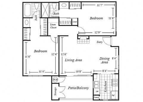 Floor plan for 2 beds, 2 baths, 910 sqft